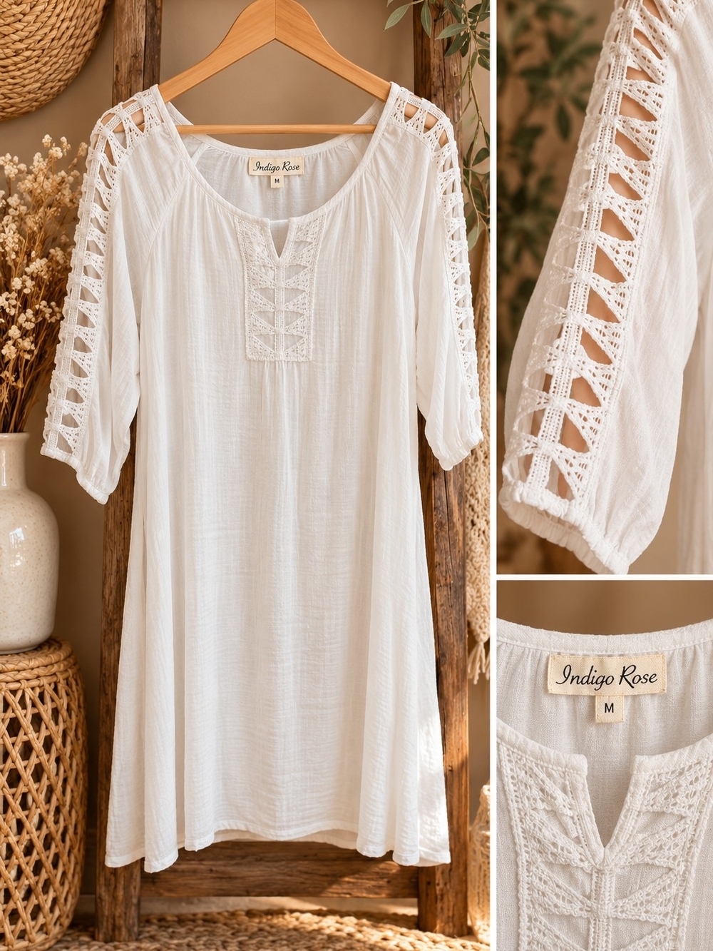 Indigo Rose White Crochet-Trim Tunic